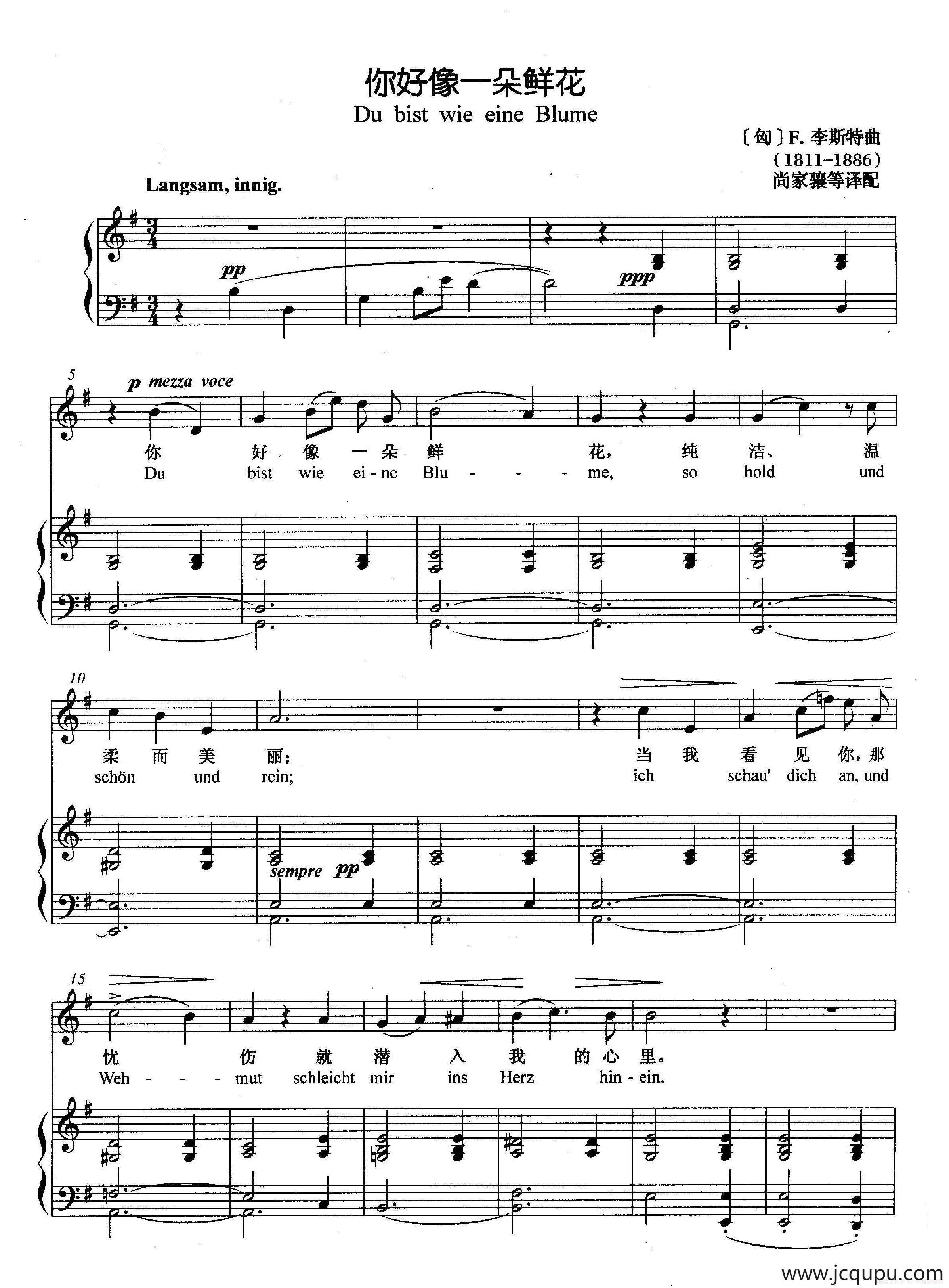 [匈]你好像一朵鲜花（正谱）简谱