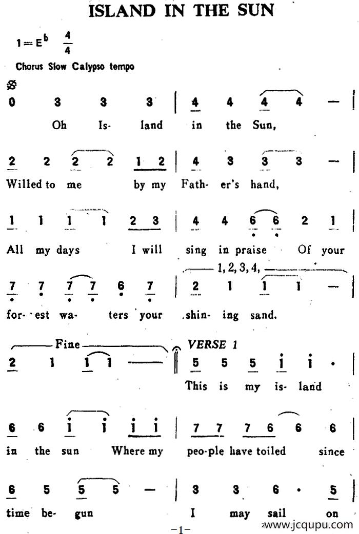 ISLAND IN THE SUN（赤道上的小岛）简谱