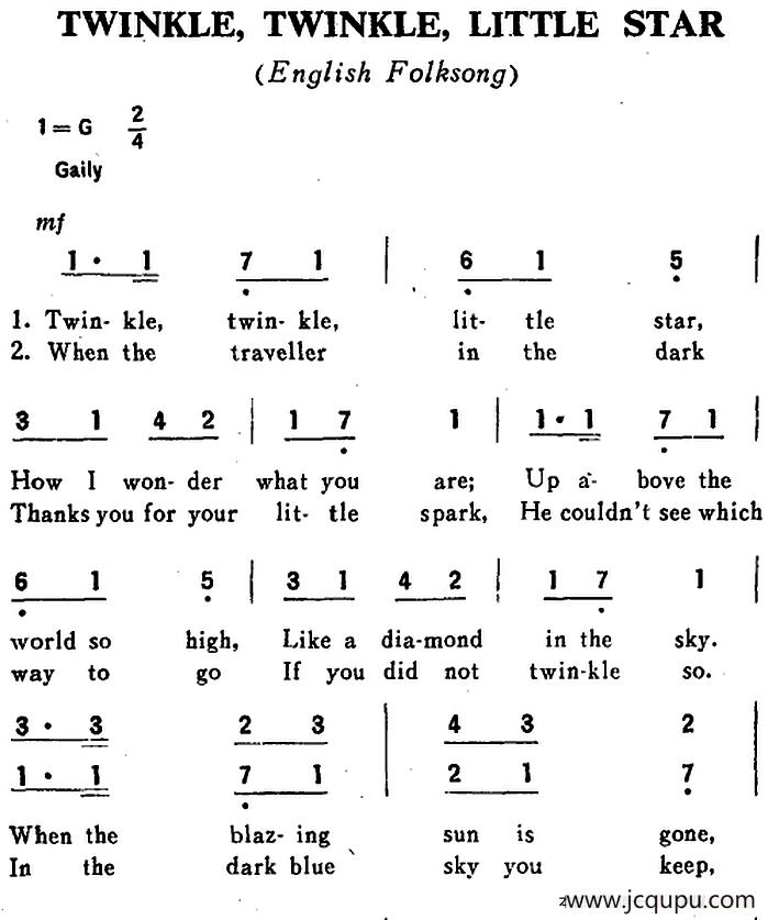 [英]TWINKLE，TWINKLE，LITTLE STAR（闪烁，闪烁的小星星）简谱