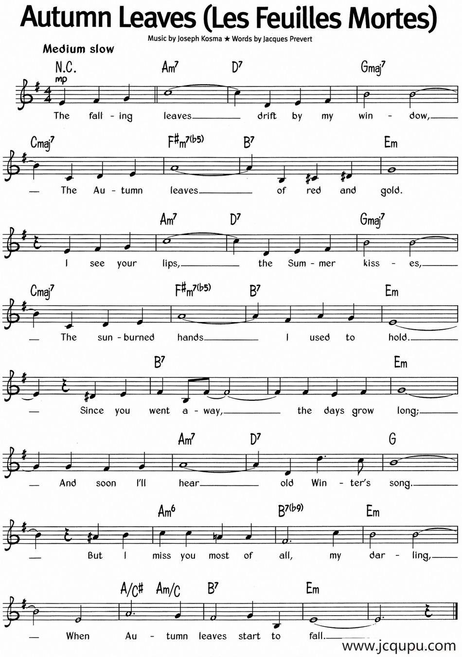 蓝调音乐：Autumn Leaves（Les Feuilles Mortes）简谱