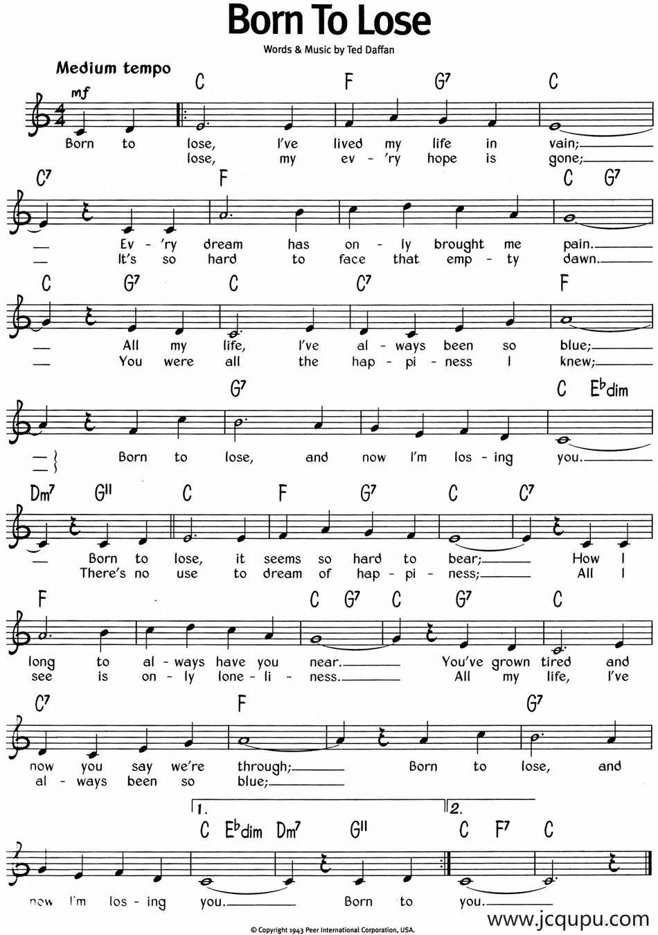 蓝调音乐：Born To Lose简谱