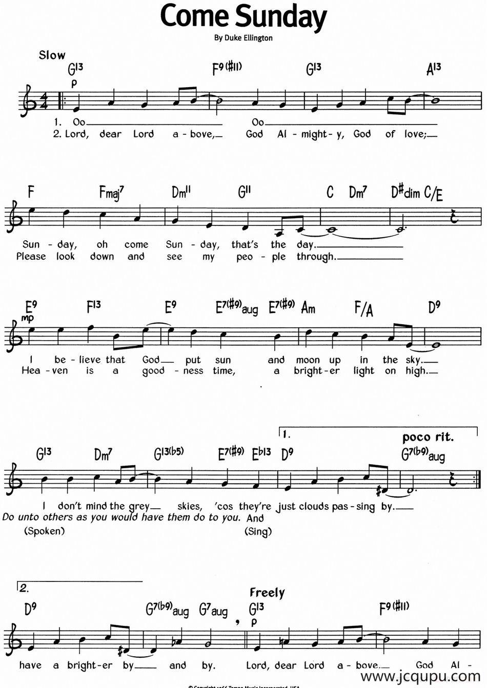 蓝调音乐：Come Sunday简谱