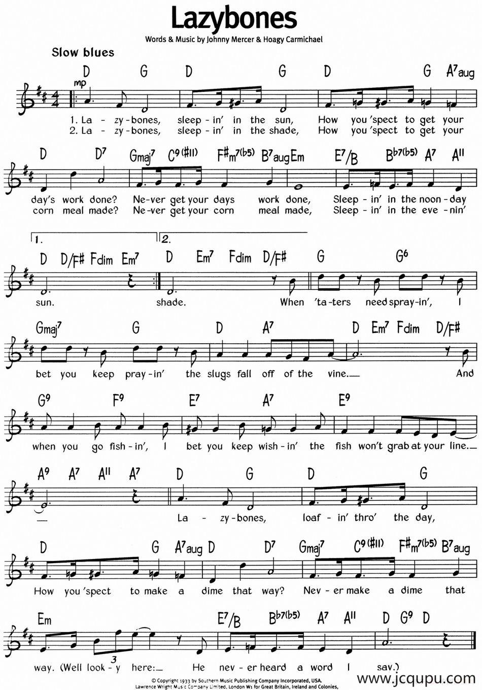 蓝调音乐：Lazybones简谱