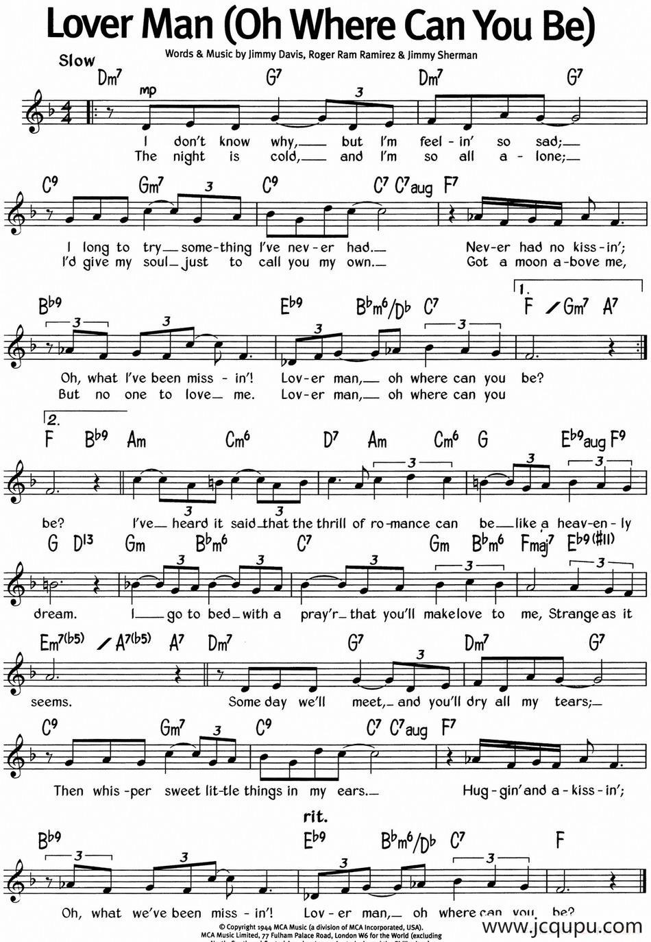蓝调音乐：Lover Man（Oh Where Can You Be）简谱
