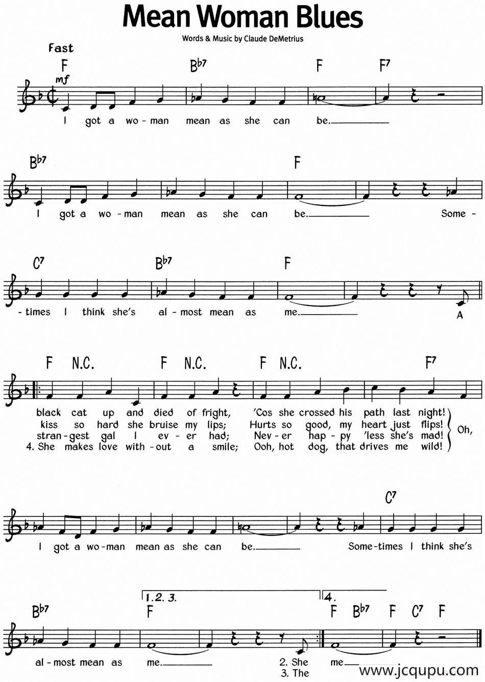 蓝调音乐：Mean Woman Blues简谱