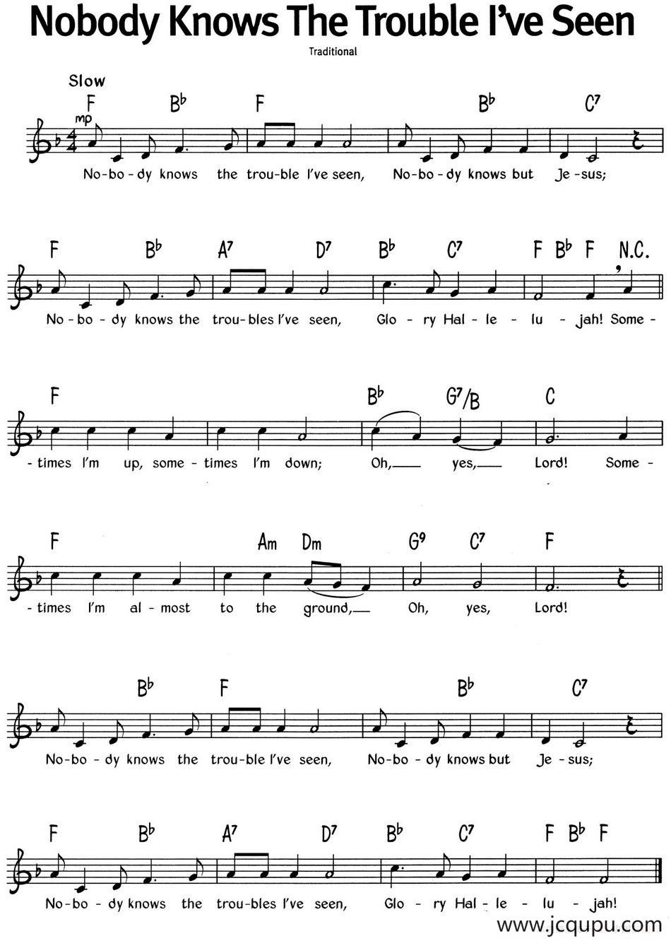 蓝调音乐：Nobody Knows The Trouble I've Seen简谱