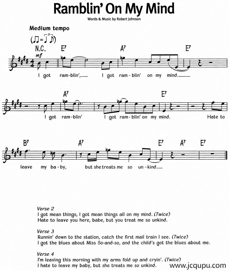 蓝调音乐：Ramblin' On My Mind简谱