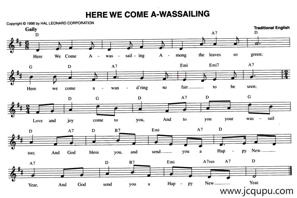 HERE WE COME A-WASSAILING简谱