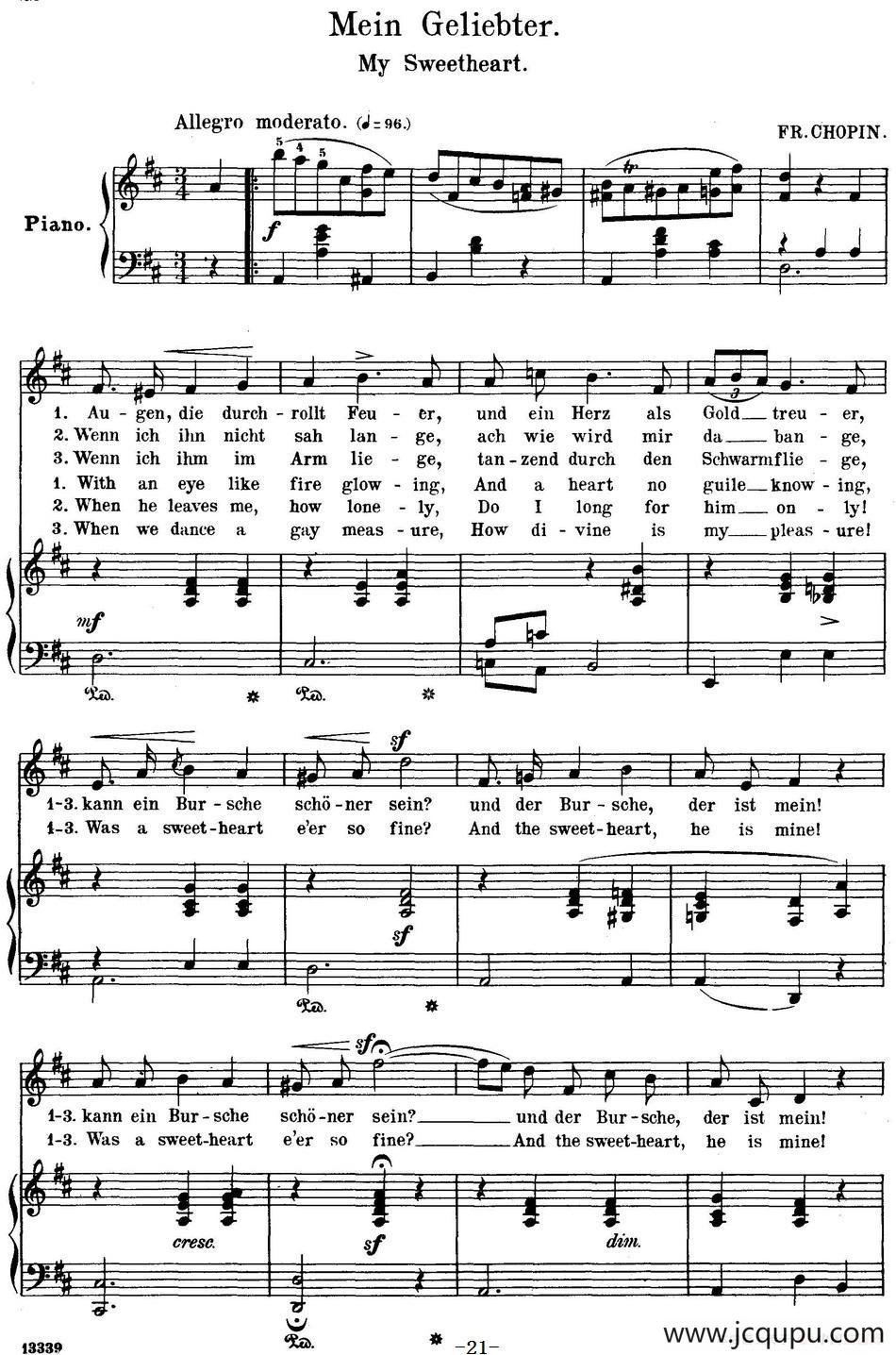 Chopin-17 Polish Songs Op.74，No.8（Mein Geliebter. My Sweetheart.）（钢琴伴奏谱）简谱