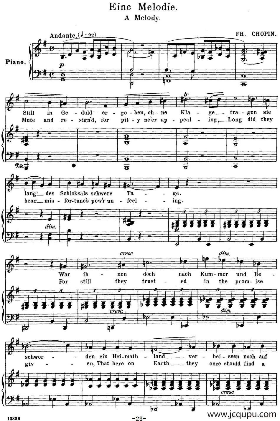 Chopin-17 Polish Songs Op.74，No.9（Eine Melodie. A Melody.）（钢琴伴奏谱）简谱