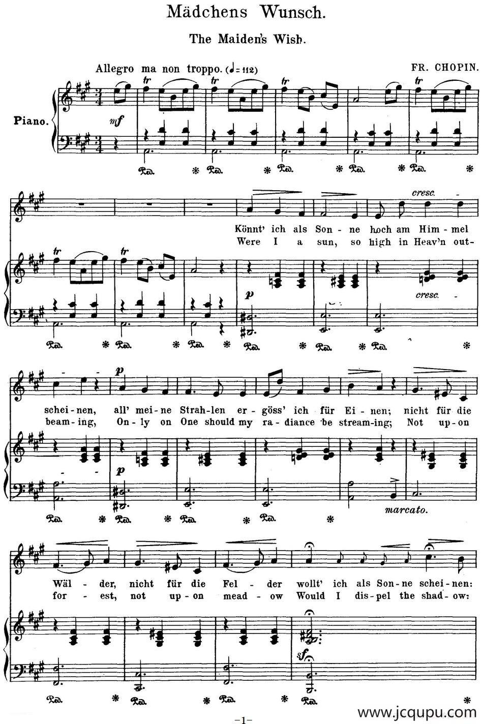 Chopin-17 Polish Songs Op.74，No.1（Madchens Wunsch. The Maiden’s Wisb.）（钢琴伴奏谱）简谱