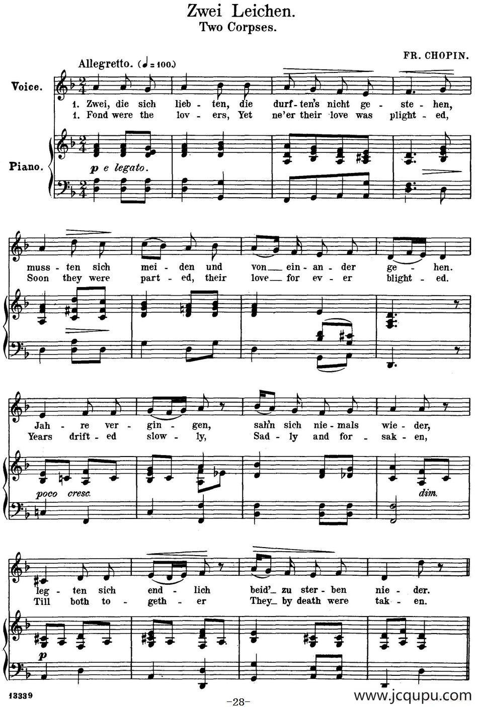 Chopin-17 Polish Songs Op.74，No.11（Zwei Leichen. Two Corpses.）（钢琴伴奏谱）简谱