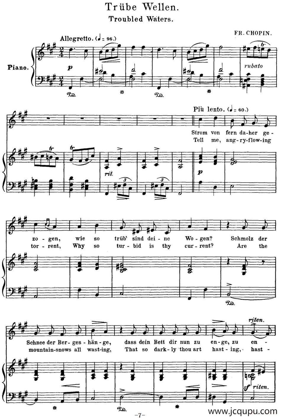 Chopin-17 Polish Songs Op.74，No.3（Trube Wellen. Troubled Waters.）（钢琴伴奏谱）简谱