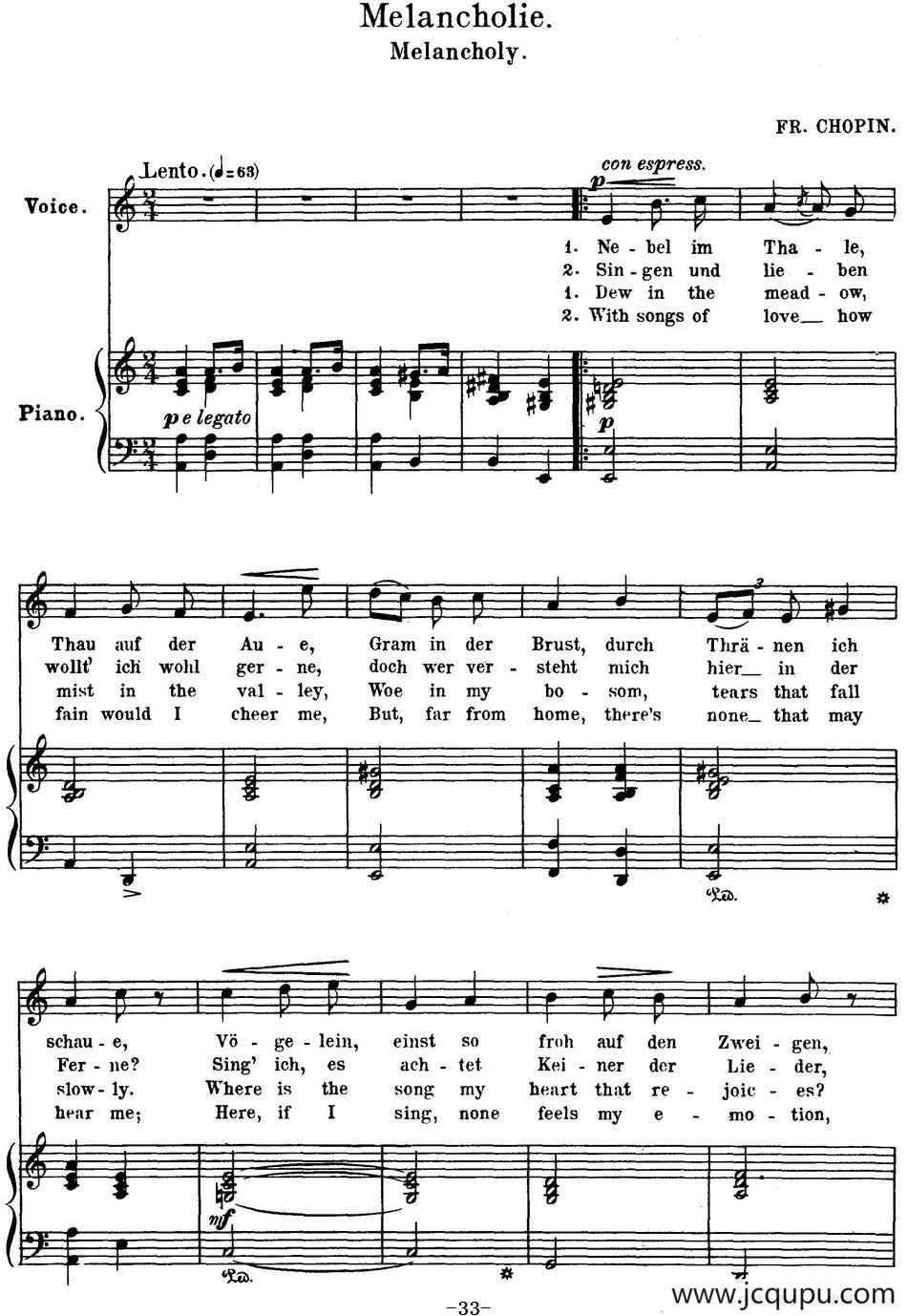 Chopin-17 Polish Songs Op.74，No.13（Melancholie. Melancholy.）（钢琴伴奏谱）简谱