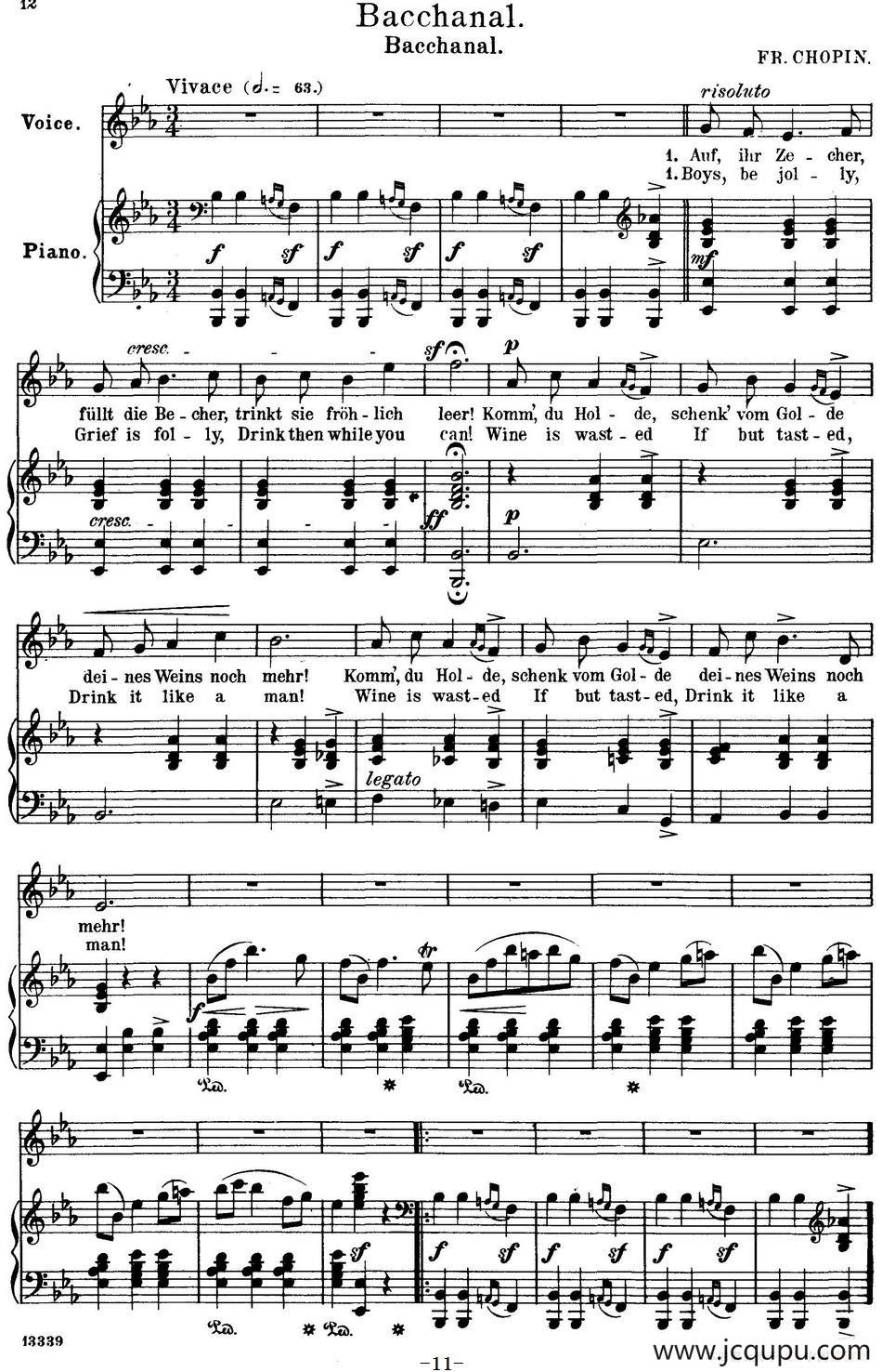 Chopin-17 Polish Songs Op.74，No.4（Bacchanal. Bacchanal.）（钢琴伴奏谱）简谱