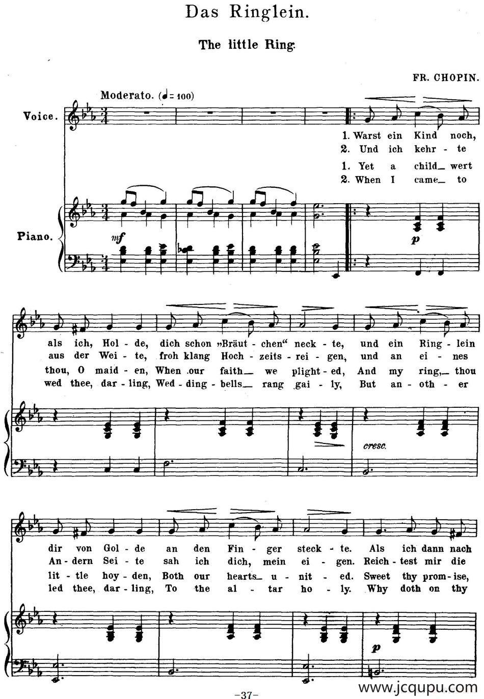 Chopin-17 Polish Songs Op.74，No.14（Das Ringlein. The little Ring.）（钢琴伴奏谱）简谱