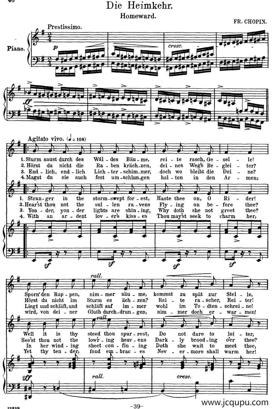 Chopin-17 Polish Songs Op.74，No.15（Die Heinmkehr. Homeward.）（钢琴伴奏谱）简谱