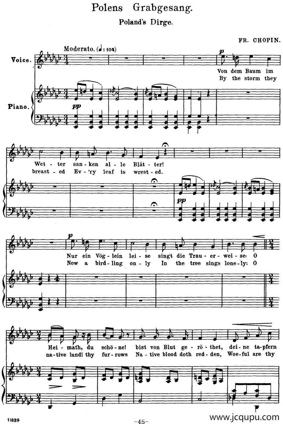 Chopin-17 Polish Songs Op.74，No.17（Polens Grabgesang. Poland's Dirge.）（钢琴伴奏谱）简谱