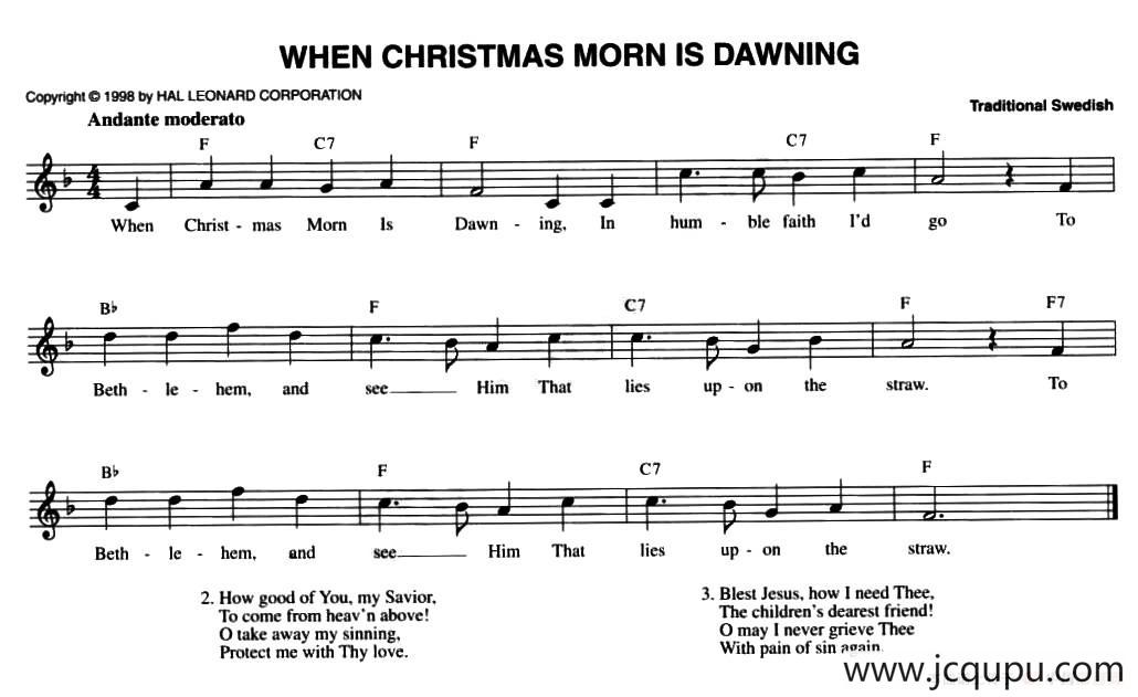 WHEN CRISTMAS MORN IS DAWNING简谱