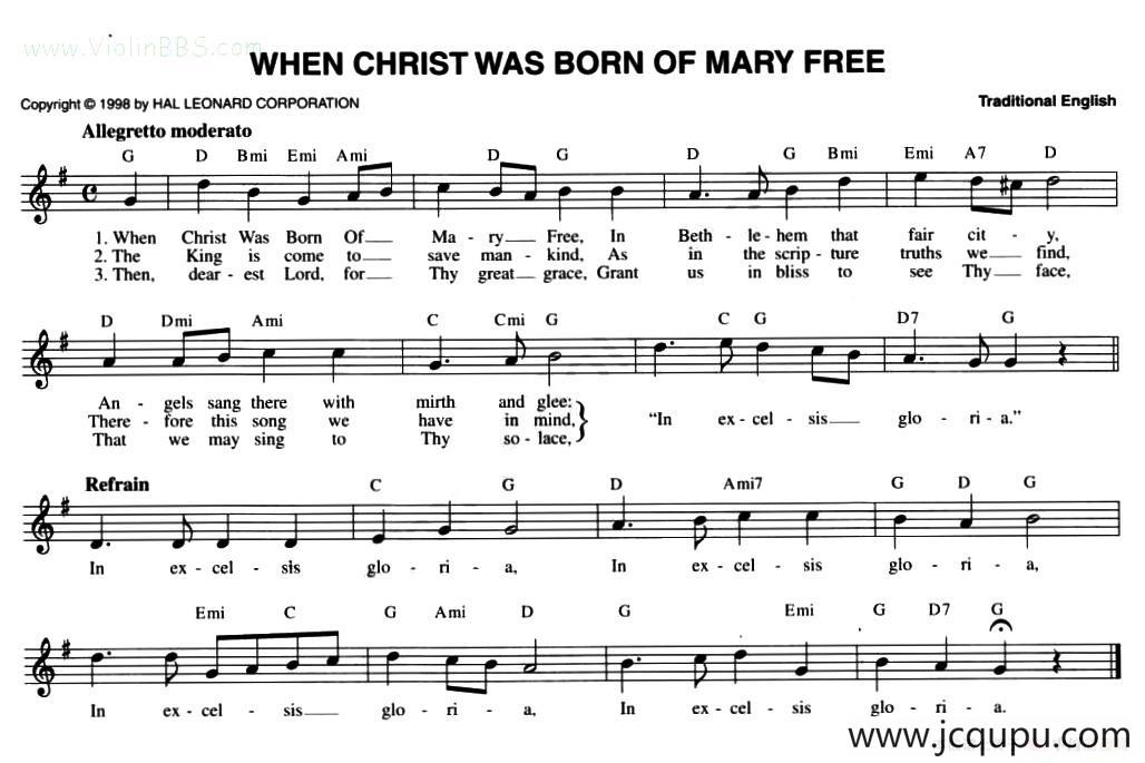 WHEN CHRIST WAS BORN OF MARY FREE简谱