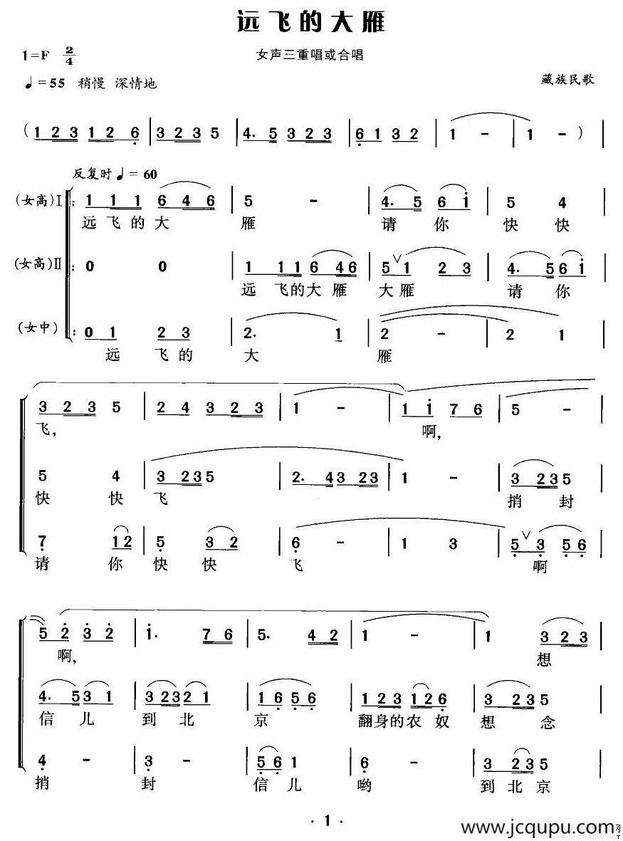 远飞的大雁女声三重唱或合唱