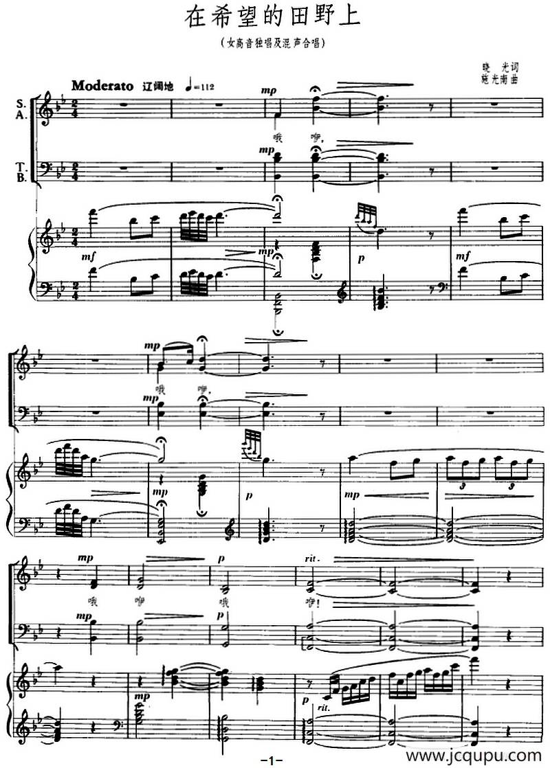 在希望的田野上（女高音独唱及混声合唱、正谱）简谱