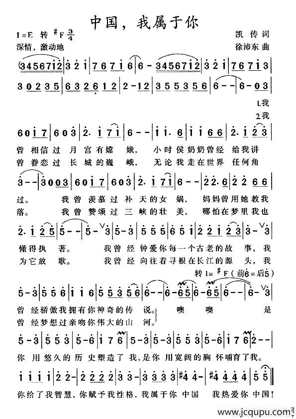 中国，我属于你（凯传词 徐沛东曲）简谱