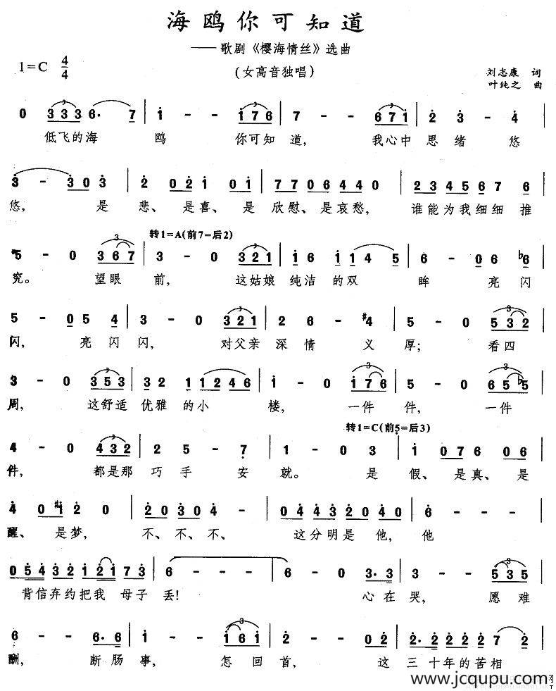 海鸥你可知道（歌剧《樱海情丝》选曲）简谱
