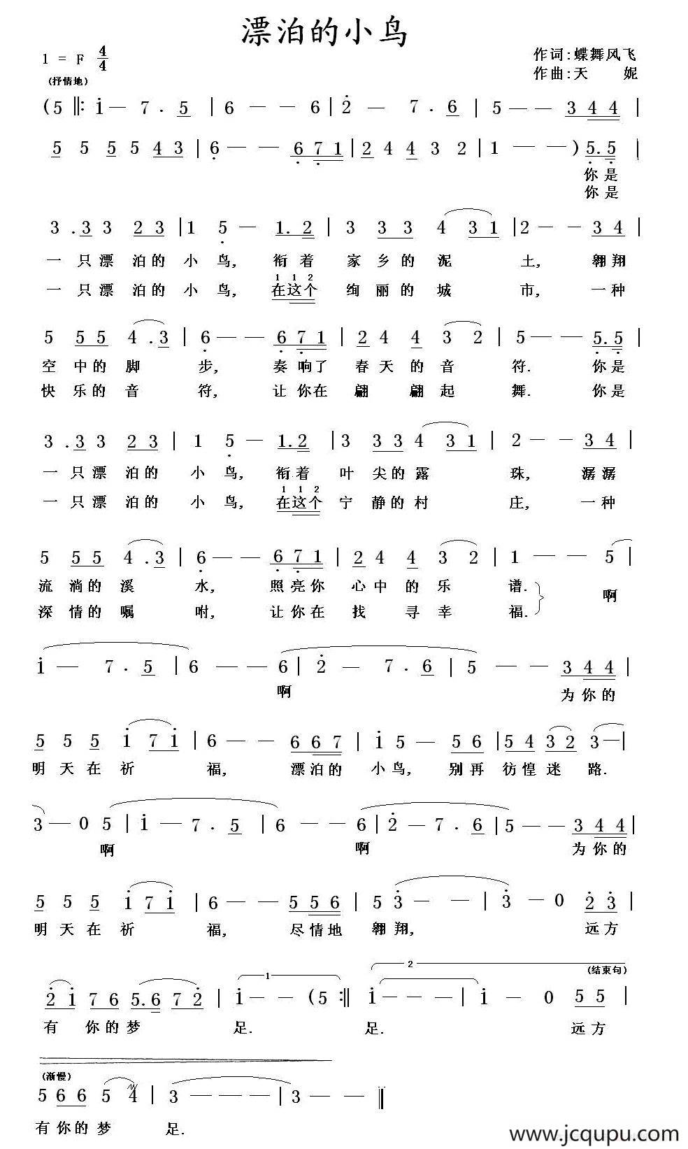 漂泊的小鸟简谱