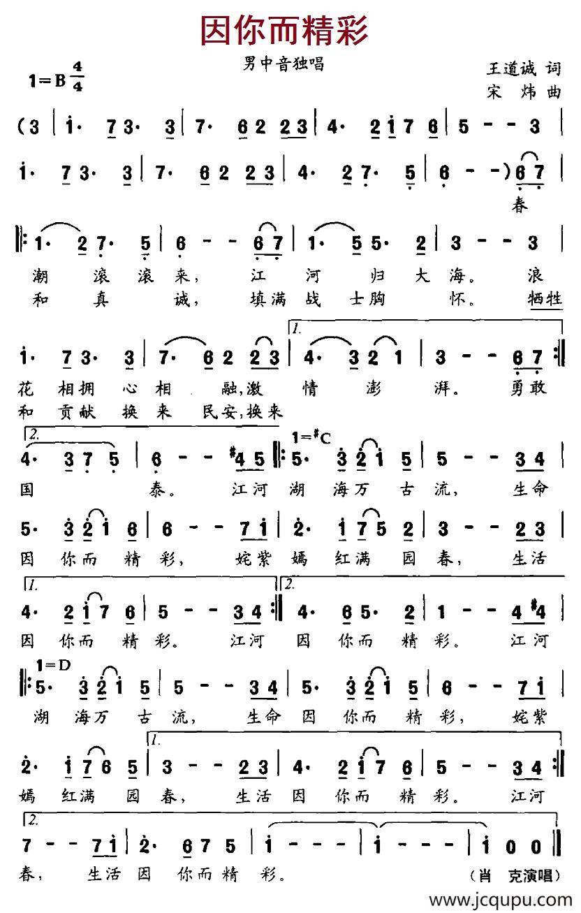 因你而精彩（王道斌词 宋炜曲）简谱