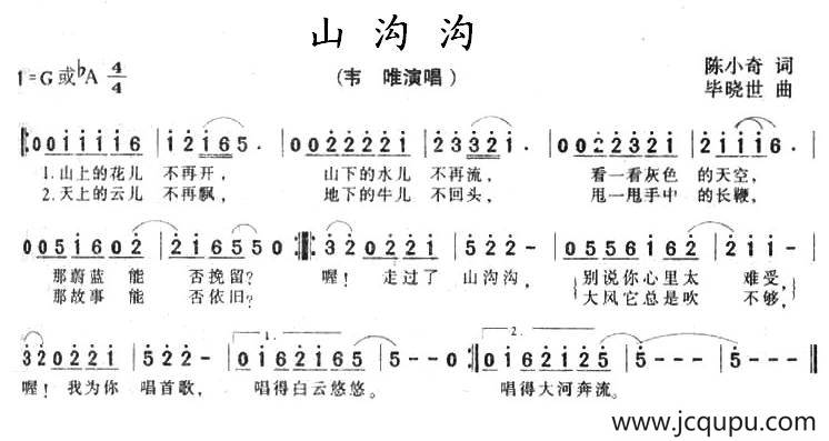 山沟沟（陈小奇词 毕晓世曲）简谱