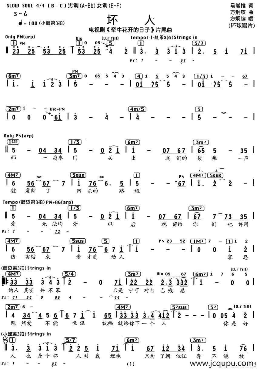 坏人（电视剧《牵牛花开的日子》片尾曲、编配乐谱）简谱