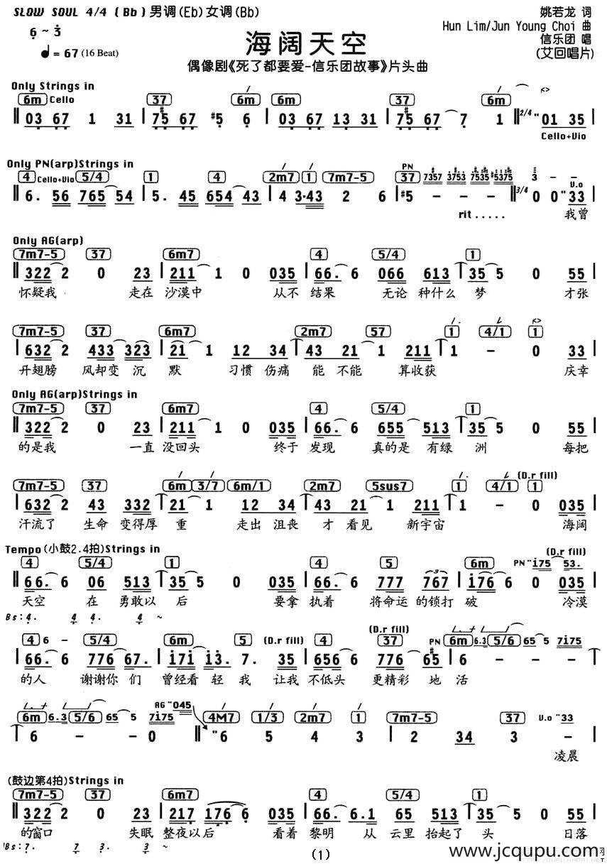 海阔天空（电视剧《死了都要爱—信乐团的故事》片头曲、编配乐谱）简谱