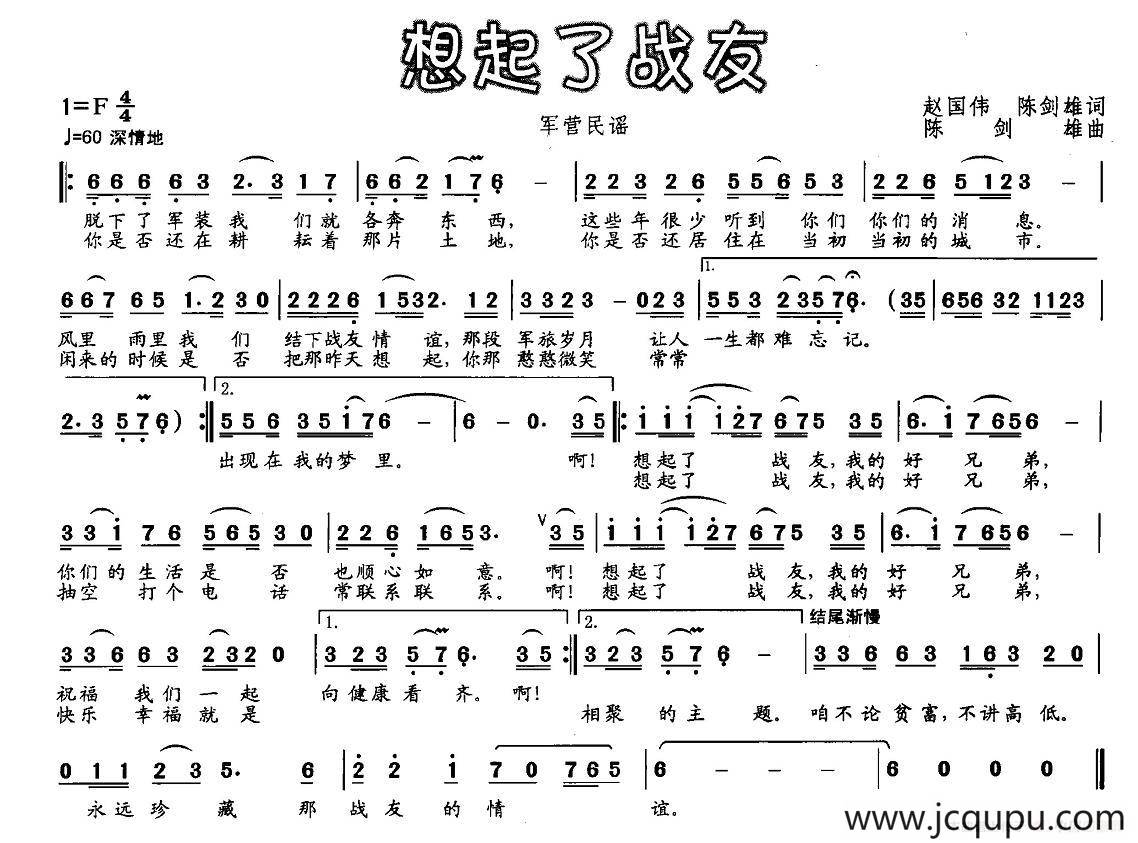想起了战友（赵国伟 陈建雄词 陈建雄曲）简谱
