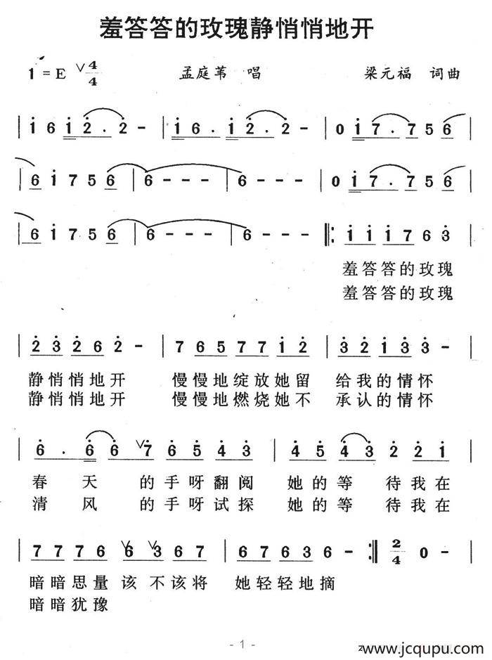 羞答答的玫瑰静悄悄的开简谱