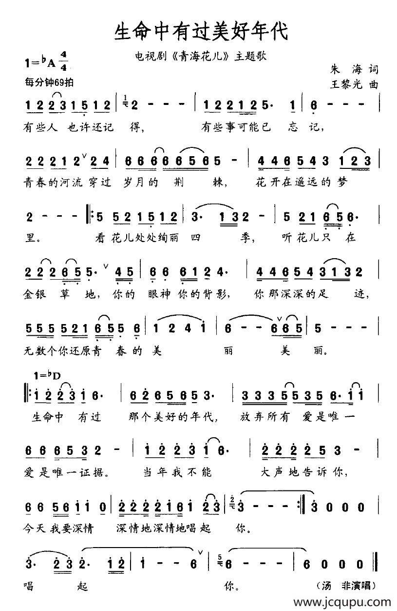 生命中有过美好年代（电视剧《青海花儿》主题歌）简谱