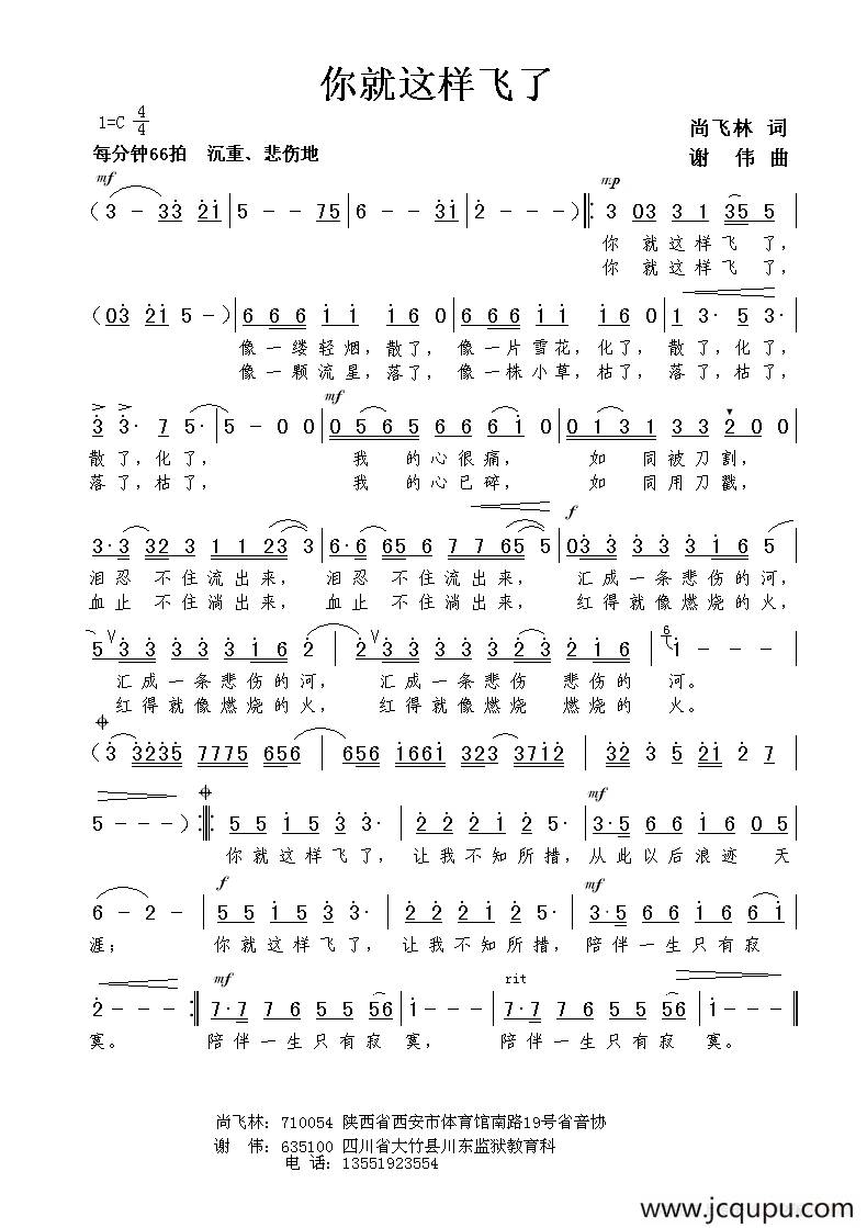你就这样飞了（尚飞林词 谢伟曲）简谱