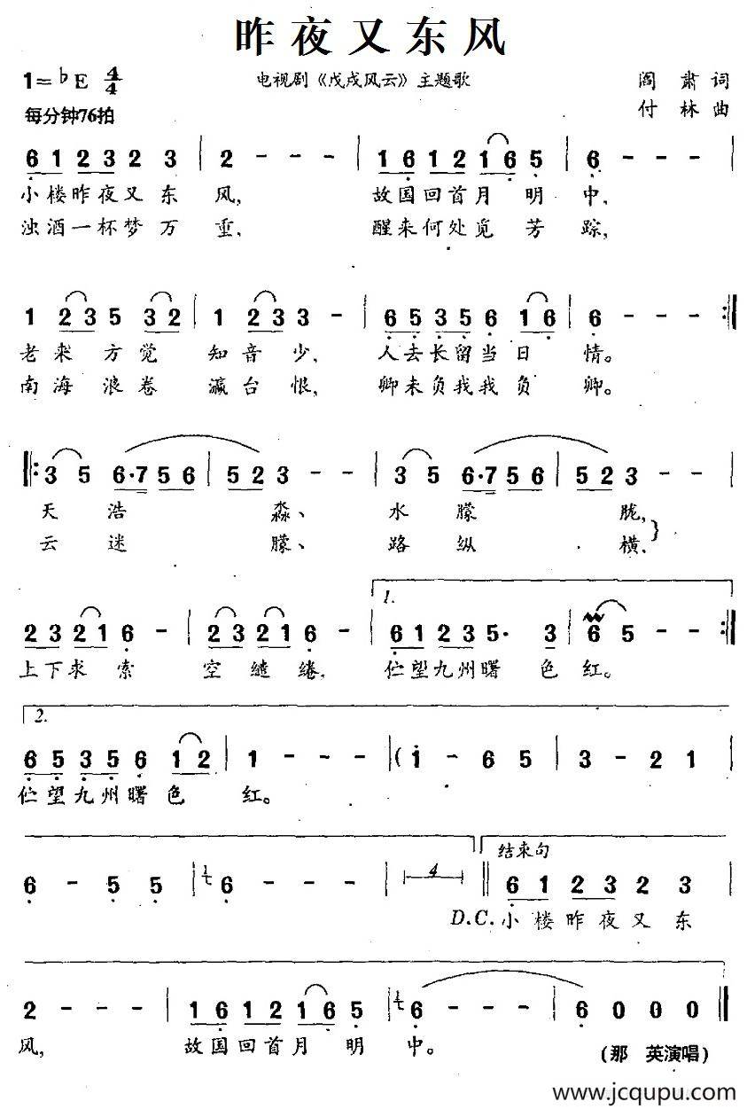 昨夜又东风（电视剧《戊戌风云》主题歌）简谱