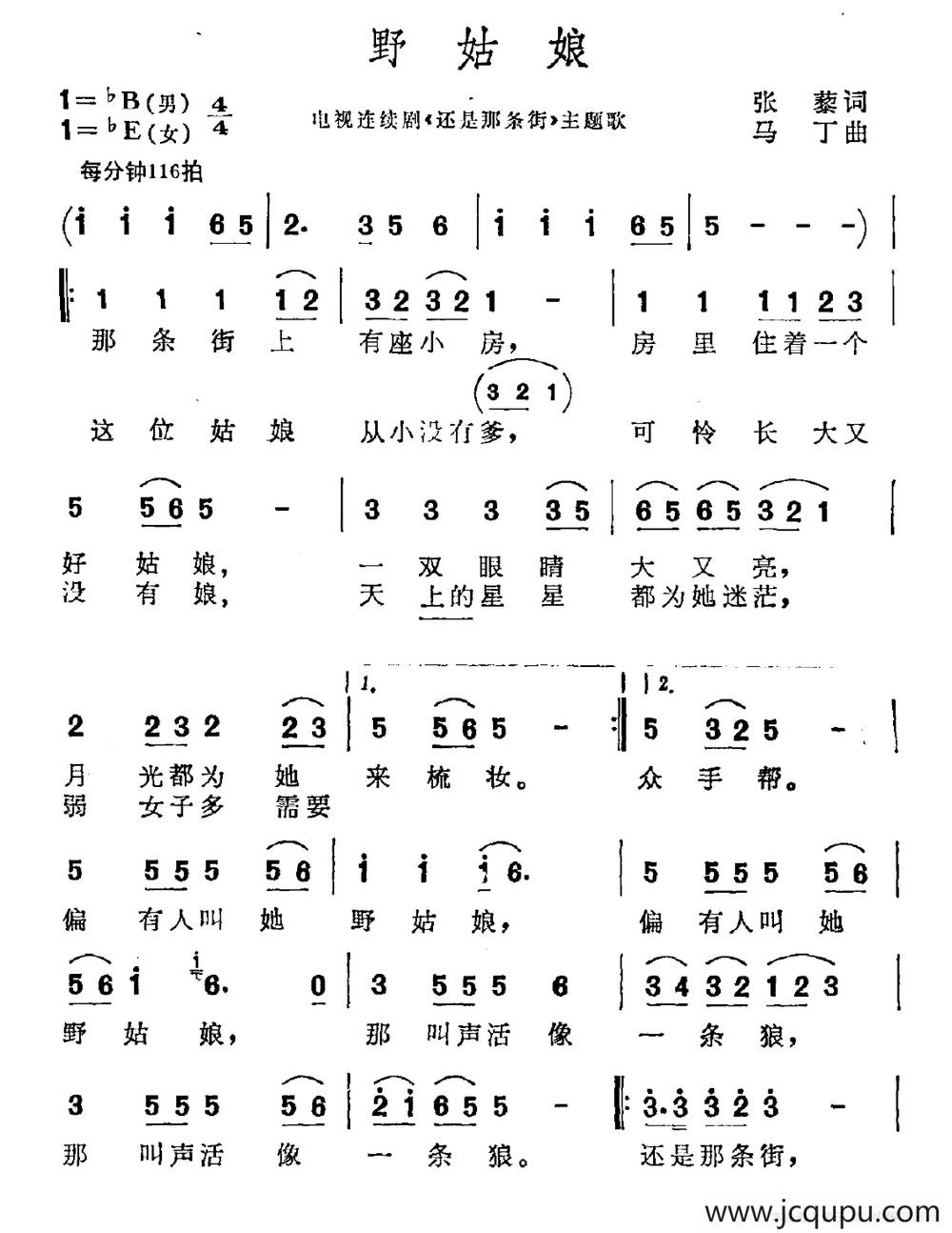 野姑娘（电视剧《还是那条街》主题曲）简谱