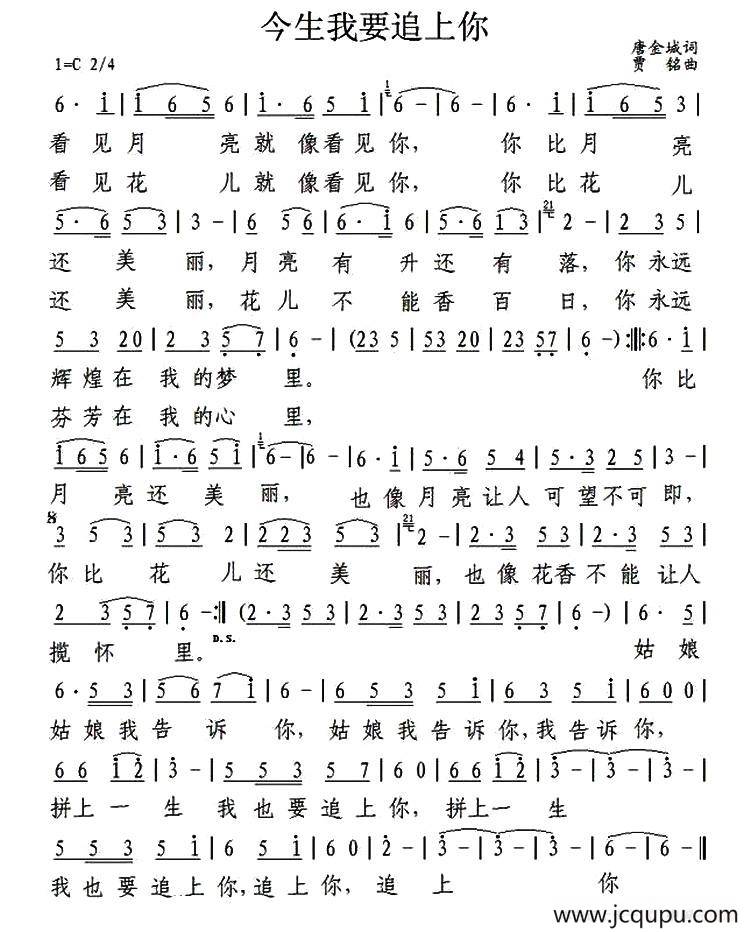 今生我要追上你 （唐金城词 贾铭曲）简谱