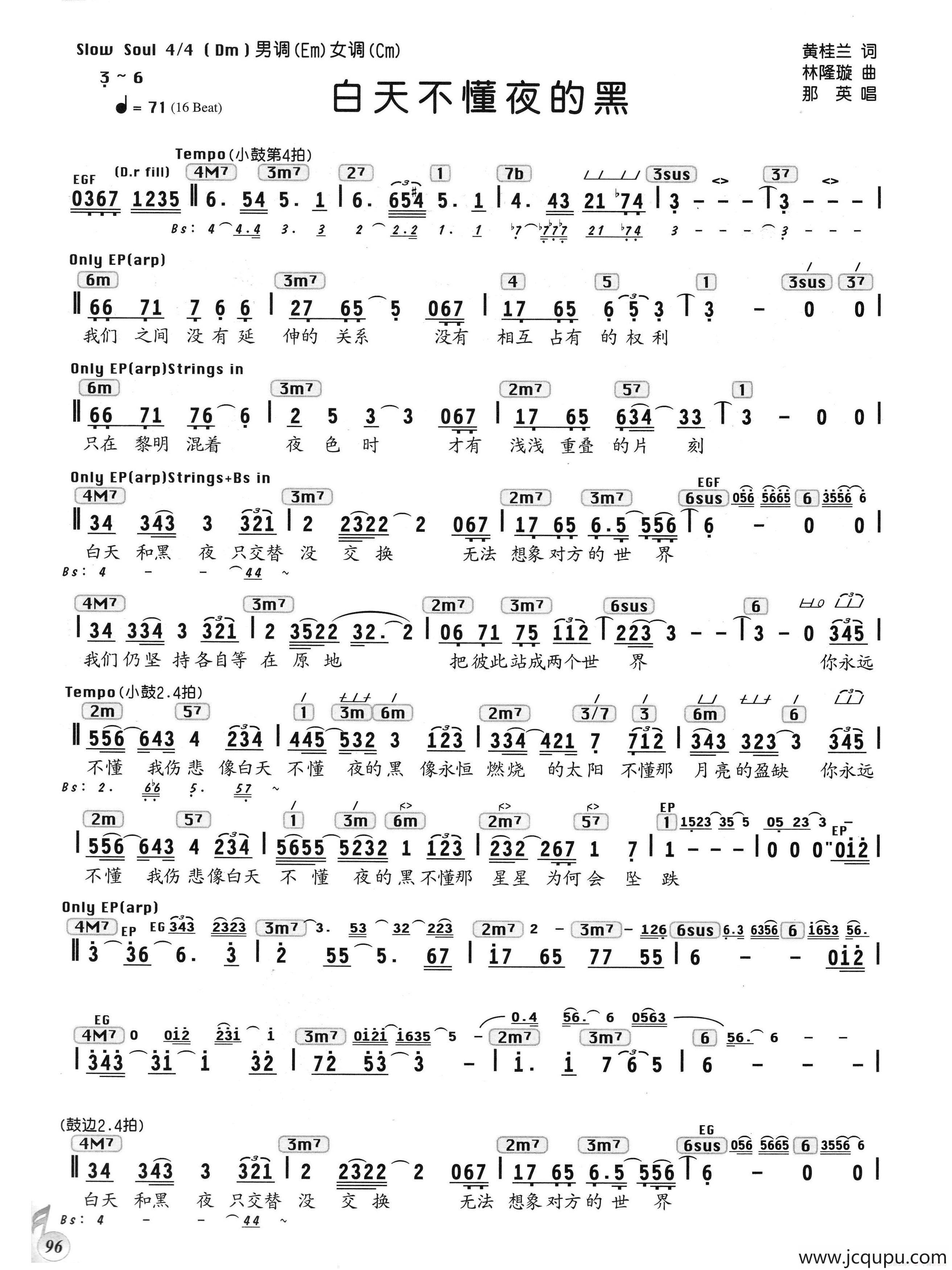 白天不懂夜的黑（编配乐谱）简谱