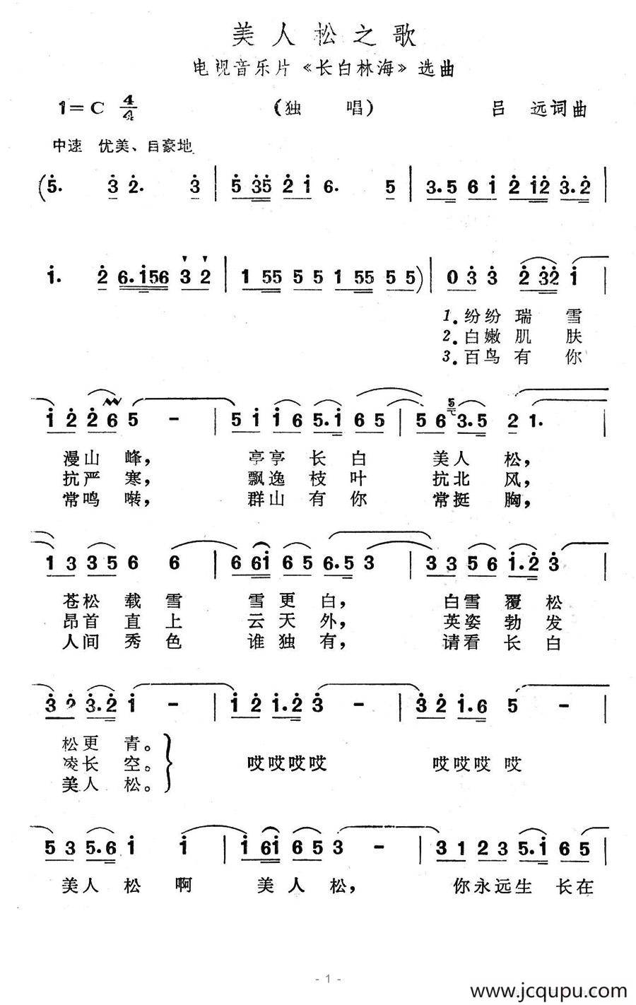 美人松之歌（电视音乐片《长白林海》选曲）简谱