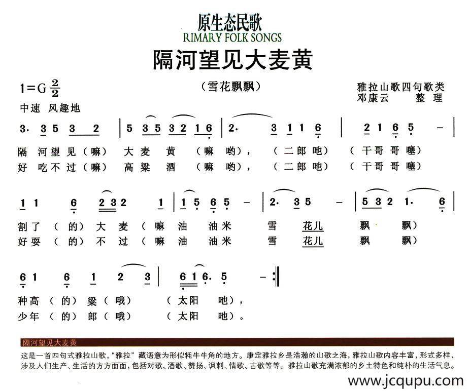 隔河望见大麦黄（又名：雪花飘飘）简谱