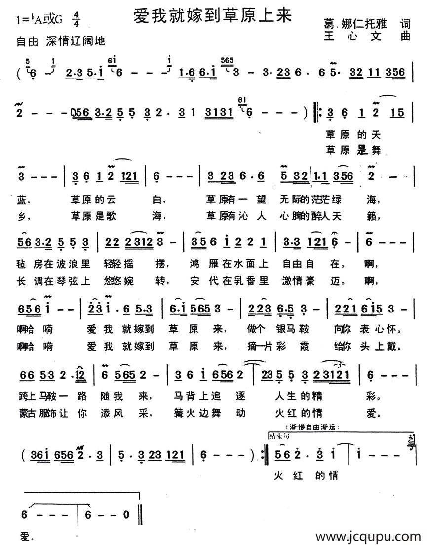 爱我就嫁到草原来（葛·娜仁托雅词 王心文曲）简谱