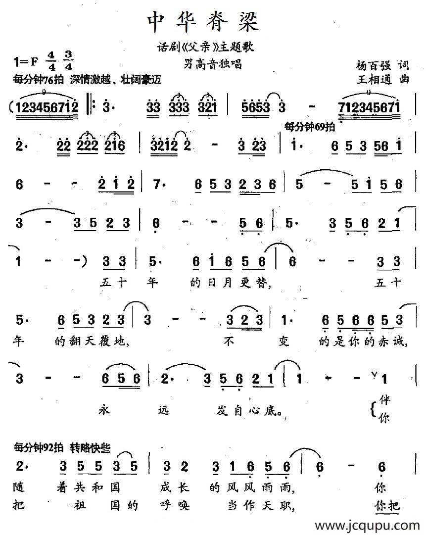 中华脊梁（话剧《父亲》主题歌）简谱