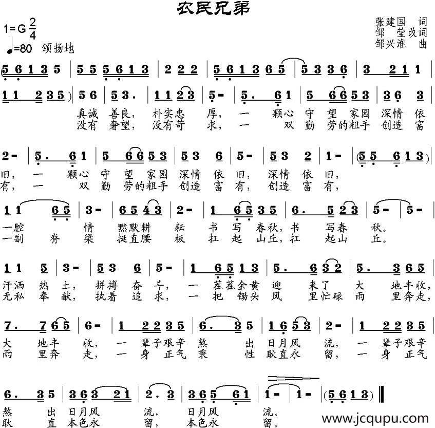 农民兄弟（张建国词、邹莹改词 邹兴淮曲）简谱