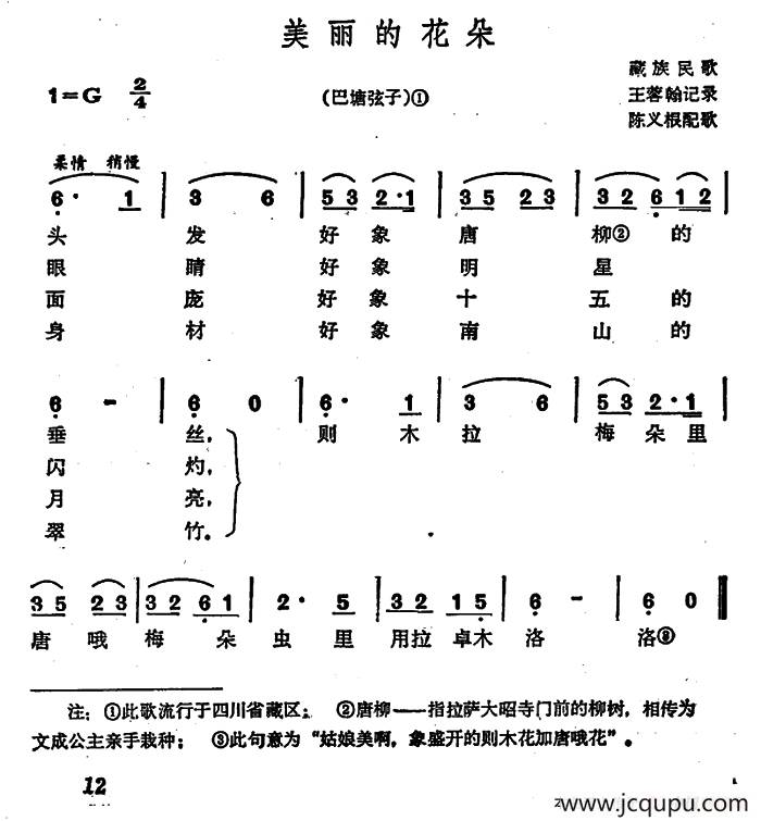 美丽的花朵（巴塘弦子）简谱