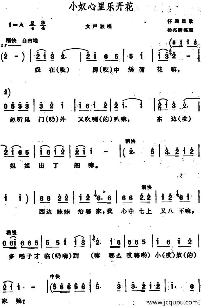小奴心里乐开花 （安徽怀远民歌）简谱