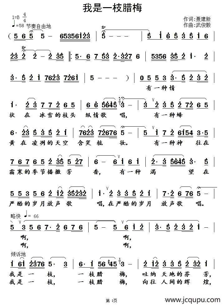 我是一枝腊梅（聂建新词 武俊毅曲）简谱