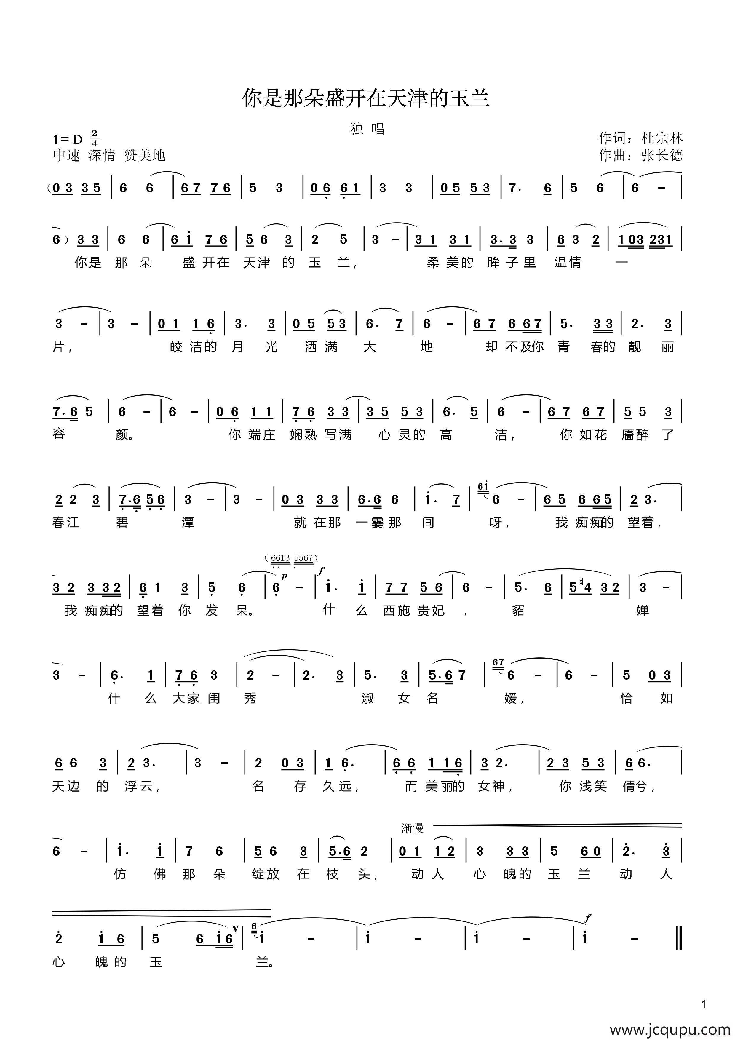 你是那朵盛开在天津的玉兰简谱